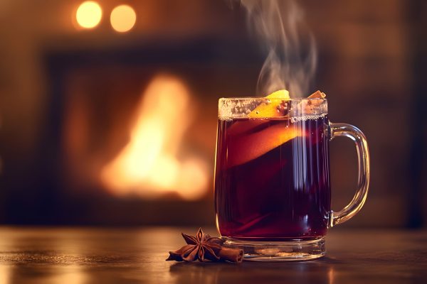 Warm mulled wine with spices and orange in cozy fireplace setting